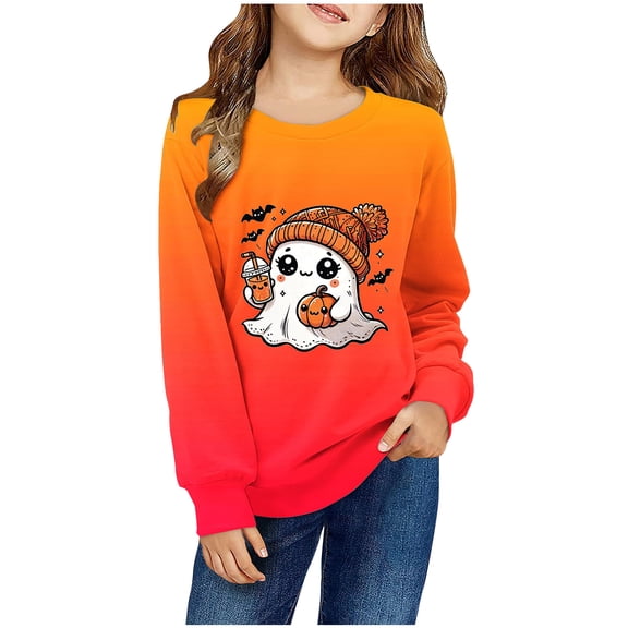 Odeerbi Kids Boys Girls Halloween Pumpkin Ghost Crewneck Sweatshirts Fall Winter Pullover Sweatshirt 1-12 Years Kids Long Sleeve Halloween Printed T-shirt Top Kids Clothes Orange