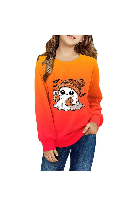 Kids Boys Girls Halloween Pumpkin Ghost Crewneck Sweatshirts Fall Winter Pullover Sweatshirt 1-12 Years Kids Long Sleeve Halloween Printed T-shirt Top Kids Clothes Orange