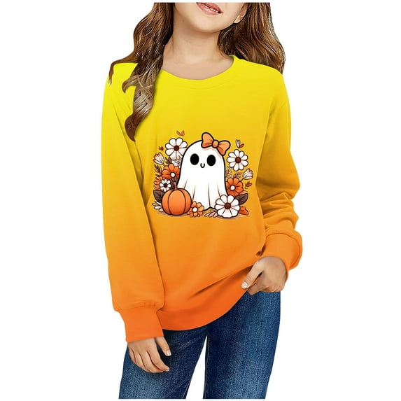 Odeerbi Kids Boys Girls Halloween Pumpkin Ghost Crewneck Sweatshirts Fall Winter Pullover Sweatshirt 1-12 Years Kids Long Sleeve Halloween Printed T-shirt Top Kids Clothes Yellow
