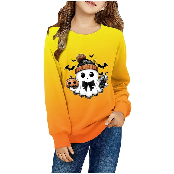 Odeerbi Kids Boys Girls Halloween Pumpkin Ghost Crewneck Sweatshirts Fall Winter Pullover Sweatshirt 1-12 Years Kids Long Sleeve Halloween Printed T-shirt Top Kids Clothes Yellow