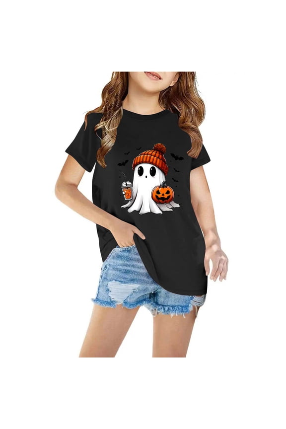Kids Boys Girls Halloween T-shirt Kids Kids Halloween Ghost Print Shirt Fashion Cute Round Neck Short Sleeve Cotton Top Kids Clothes Black