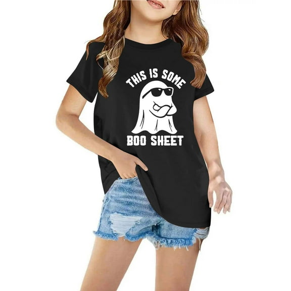 Odeerbi Kids Boys Girls Halloween T-shirt Kids Kids Halloween Ghost Print Shirt Fashion Cute Round Neck Short Sleeve Cotton Top Kids Clothes Black
