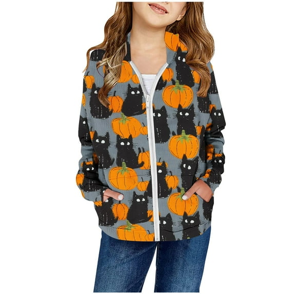 Odeerbi Kids Boys Girls Halloween Zip Up Hooded Sweatshirt Jacket Children's Long Sleeve Pattern Printed Sweatshirts Round Neck Short Top Zipper Cardigan Hooded Sweatshirt Dark Gray