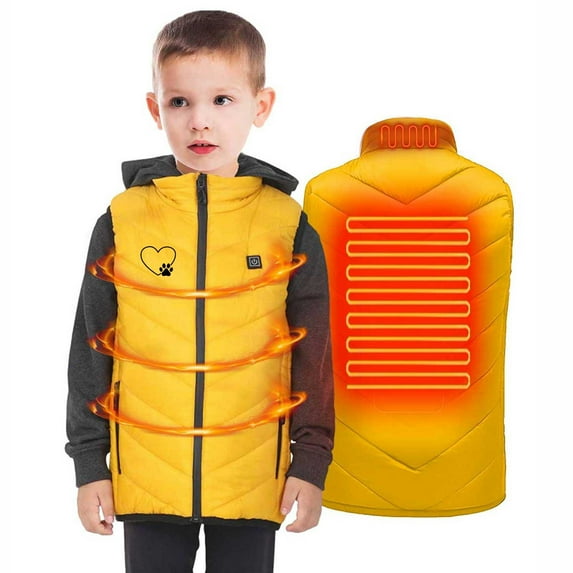 Odeerbi Kids Boys Girls Heated Vest Kids Puffer Vest Children USB Intelligent Constant Temperature 2 Areas Heated Jacket Solid Color Plus Size Winter Coat Yellow 10-11 Years
