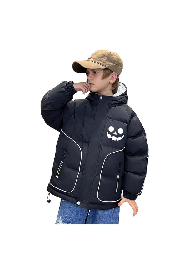 Kids Boys Girls Hooded Puffer Jacket Halloween Pumpkin Winter Coats Thermal Padded Coat Down Jacket Warm Clothes 5-16 Years Kids Long Sleeve Outerwear Heavy Coat Black
