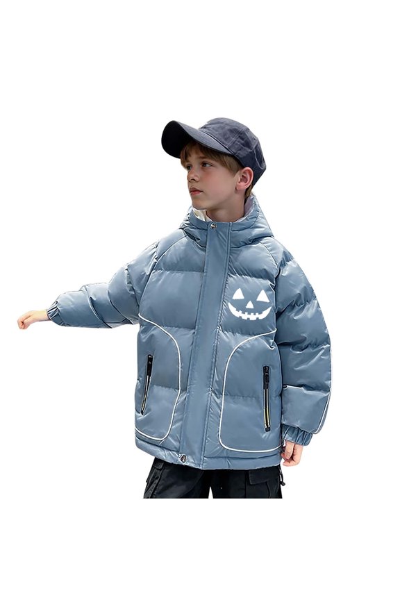 Kids Boys Girls Hooded Puffer Jacket Halloween Pumpkin Winter Coats Thermal Padded Coat Down Jacket Warm Clothes 5-16 Years Kids Long Sleeve Outerwear Heavy Coat Blue