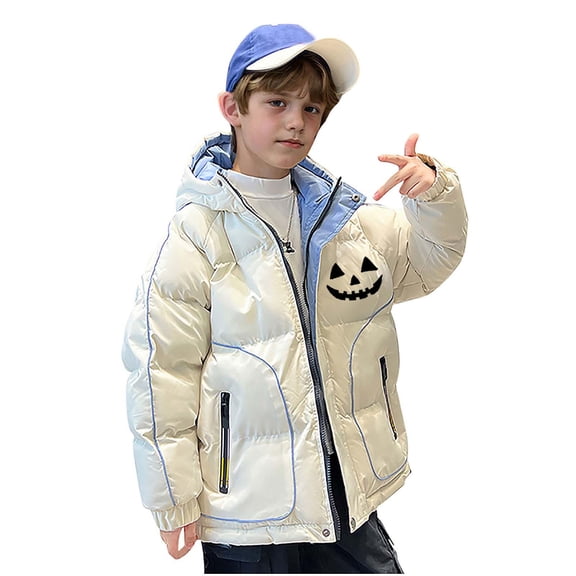 Odeerbi Kids Boys Girls Hooded Puffer Jacket Halloween Pumpkin Winter Coats Thermal Padded Coat Down Jacket Warm Clothes 5-16 Years Kids Long Sleeve Outerwear Heavy Coat White