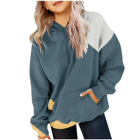 Odeerbi Kids Boys Girls Hoodies Color Block Pullover Hooded Sweatshirts Children's Pattern Printed Round Neck Long Sleeve Hooded Sweatshirt Navy