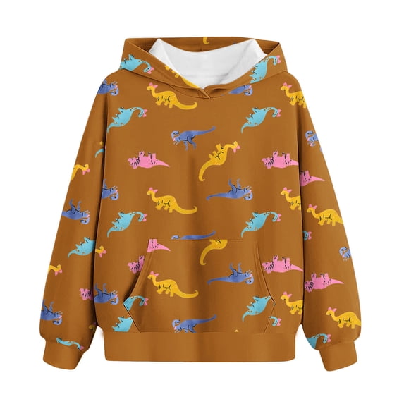 Odeerbi Kids Boys Girls Hoodies Dinosaur Pullover Hooded Sweatshirts Children's Pattern Printed Round Neck Long Sleeve Hooded Sweatshirt Brown