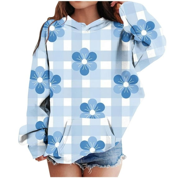 Odeerbi Kids Boys Girls Hoodies Plaid Pullover Hooded Sweatshirts Children's Printed Round Neck Long Sleeve Hooded Sweatshirt Blue