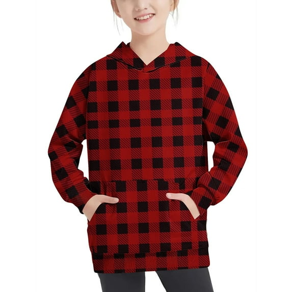 Odeerbi Kids Boys Girls Hoodies Plaid Pullover Hooded Sweatshirts Oversized Crewneck Hooded Sweatshirt Kids Fashion Long Sleeve Pullover Tops 4-14 Years Red