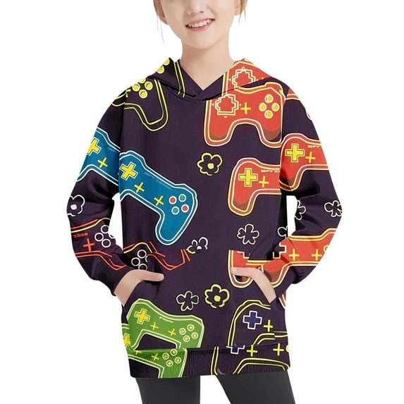 Odeerbi Kids Boys Girls Hoodies Printed Pullover Hooded Sweatshirts Oversized Crewneck Hooded Sweatshirt Kids Fashion Long Sleeve Pullover Tops 4-14 Years Dark Gray