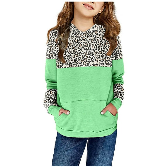 Odeerbi Kids Boys Girls Leopard Hoodies Fall Winter Pullover Hooded Sweatshirts Children's Long Sleeve Pattern Sweatshirt Round Neck Top Kids Clothes Green