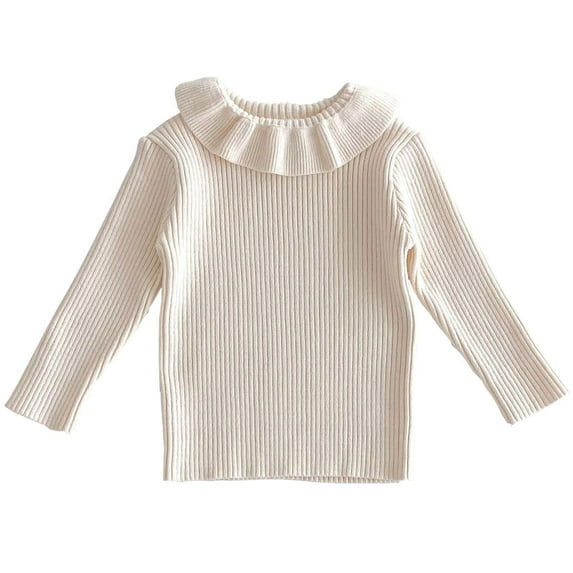 Odeerbi Kids Boys Girls Long Sleeve Rib Knitted Tops Fall Winter Base Layer Ruffle Undershirt Children's Lapel Versatile Knitted Sweater Bottoming Shirt White