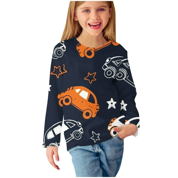Odeerbi Kids Boys Girls Long Sleeve Shirt Fall Winter Base Layer Cartoon Printed Undershirt Cute Print Shirts Crewneck Tops Dressy Casual Blouses Kids Clothes Dark Gray