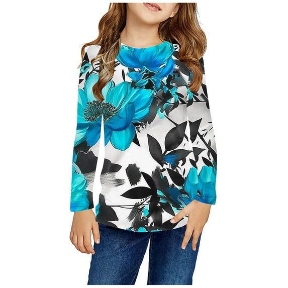 Odeerbi Kids Boys Girls Long Sleeve Shirt Fall Winter Base Layer Cartoon Printed Undershirt Cute Print Shirts Crewneck Tops Dressy Casual Blouses Kids Clothes Blue