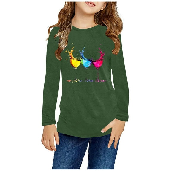 Odeerbi Kids Boys Girls Long Sleeve Shirt Fall Winter Base Layer Cartoon Printed Undershirt Cute Print Shirts Crewneck Tops Dressy Casual Blouses Kids Clothes Olive Green