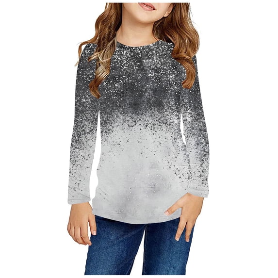Odeerbi Kids Boys Girls Long Sleeve Shirt Fall Winter Base Layer Gradient Undershirt Cute Print Shirts Crewneck Tops Dressy Casual Blouses Kids Clothes Dark Gray