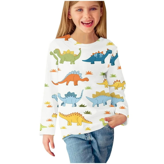 Odeerbi Kids Boys Girls Long Sleeve Shirt Fall Winter Dinosaur Base Layer Undershirt Cute Print Shirts Crewneck Tops Dressy Casual Blouses Kids Clothes Beige
