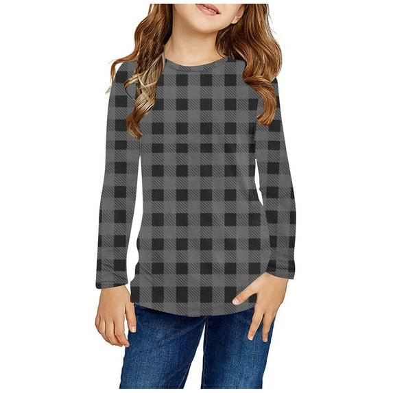 Odeerbi Kids Boys Girls Long Sleeve Shirt Fall Winter Plaid Base Layer Undershirt Cute Print Shirts Crewneck Tops Dressy Casual Blouses Kids Clothes Gray