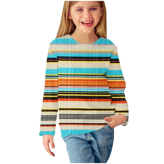 Odeerbi Kids Boys Girls Long Sleeve Shirt Fall Winter Striped Base Layer Undershirt Cute Print Shirts Crewneck Tops Dressy Casual Blouses Kids Clothes Blue