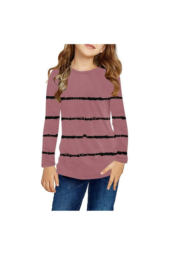 Kids Boys Girls Long Sleeve Shirt Fall Winter Striped Base Layer Undershirt Cute Print Shirts Crewneck Tops Dressy Casual Blouses Kids Clothes Pink