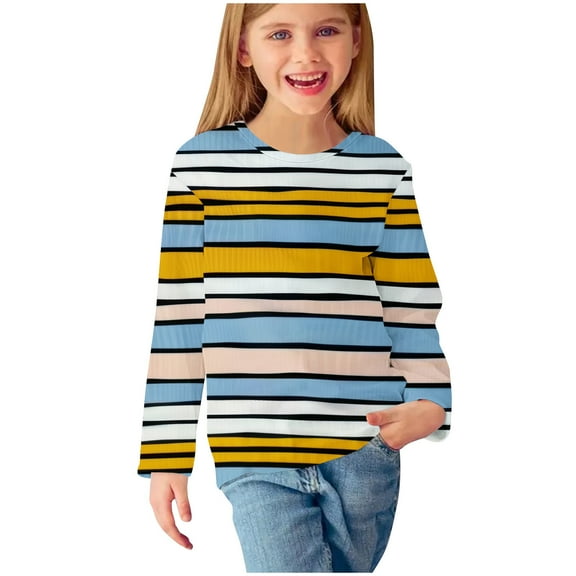 Odeerbi Kids Boys Girls Long Sleeve Shirt Fall Winter Striped Base Layer Undershirt Cute Print Shirts Crewneck Tops Dressy Casual Blouses Kids Clothes Light Blue