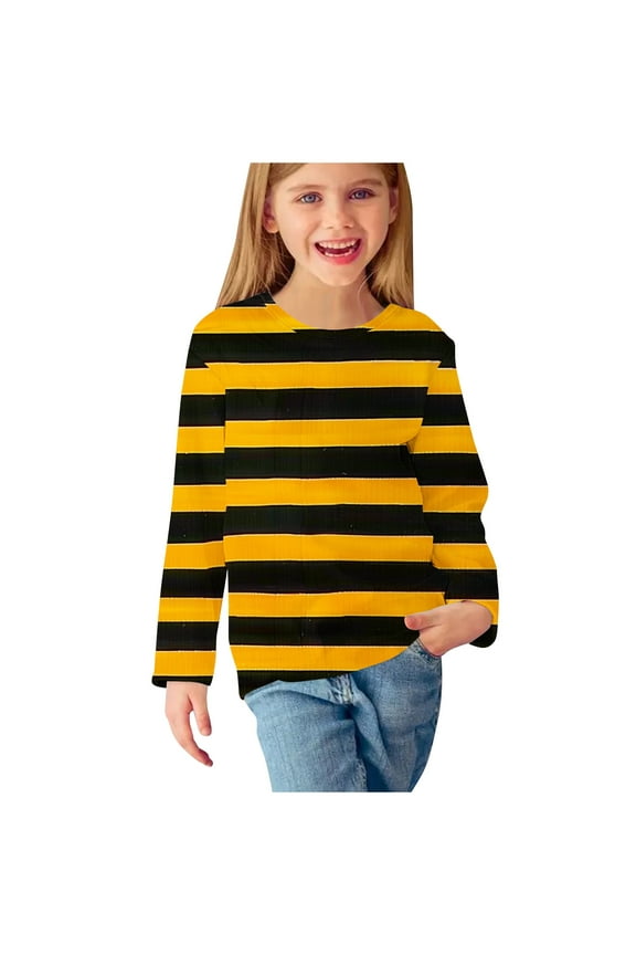 Kids Boys Girls Long Sleeve Shirt Fall Winter Striped Base Layer Undershirt Cute Print Shirts Crewneck Tops Dressy Casual Blouses Kids Clothes Orange
