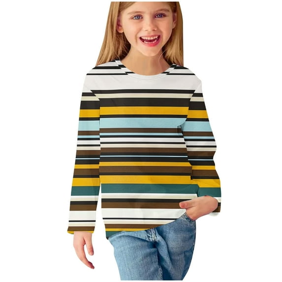 Odeerbi Kids Boys Girls Long Sleeve Shirt Fall Winter Striped Base Layer Undershirt Cute Print Shirts Crewneck Tops Dressy Casual Blouses Kids Clothes Multicolor