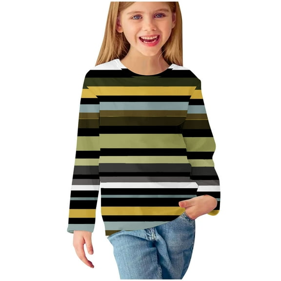 Odeerbi Kids Boys Girls Long Sleeve Shirt Fall Winter Striped Base Layer Undershirt Cute Print Shirts Crewneck Tops Dressy Casual Blouses Kids Clothes Black