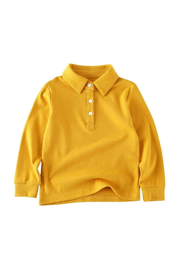 Kids Boys Girls Long Sleeve Shirts Fall Winter Cotton Basic Layering T-Shirt Lapel Collar Basic Tees Solid Color Cute Crewneck Basic Tops Blouses Kids Clothes Yellow