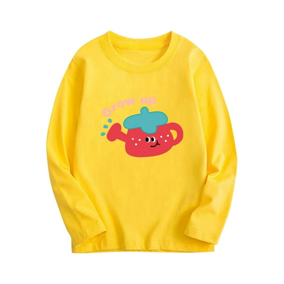 Odeerbi Kids Boys Girls Long Sleeve T-Shirts Fall Winter Cotton Basic Layering T-Shirt Cartoon Print Basic Tees Children Fashion Casual Tops Kids Clothes Yellow
