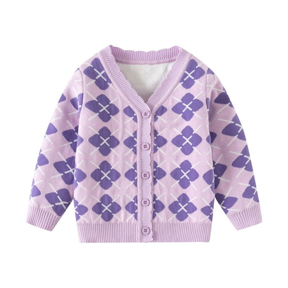 Odeerbi Kids Boys Girls Plaid Cardigan Sweater Cotton Knit Sweater Cardigan Fashion Casual Double-Layer Warm Sweater V-Neck Knit Cardigan Purple