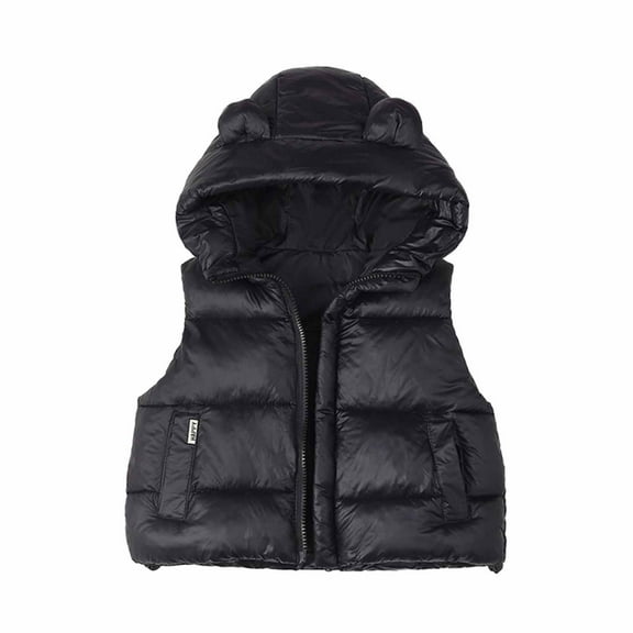 Odeerbi Kids Boys Girls Puffer Vest Fall Winter Thermal Gilet Down Vest with Pocket Children's Solid Color Thick Sleeveless Hooded Jacket Coat Kids Clothes Black