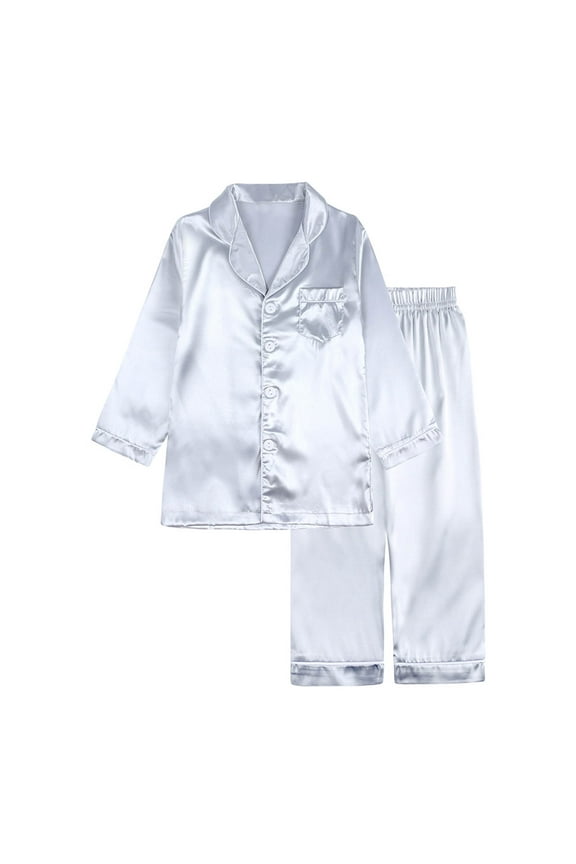 Kids Boys Girls Silk-like Pajamas Set Kids 2025 Long Sleeve jammies Toddler Winter Solid Color Home Wear Baby Clothes Suit Silver 7-8 Years