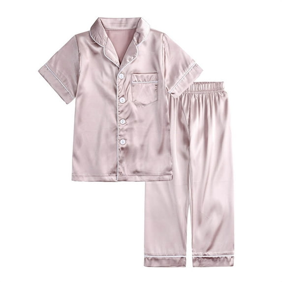 Odeerbi Kids Boys Girls Silk-like Pajamas Set Kids Short Sleeve jammies Toddler Solid Color Pants Home Wear Baby Clothes Suit Khaki 10-11 Years
