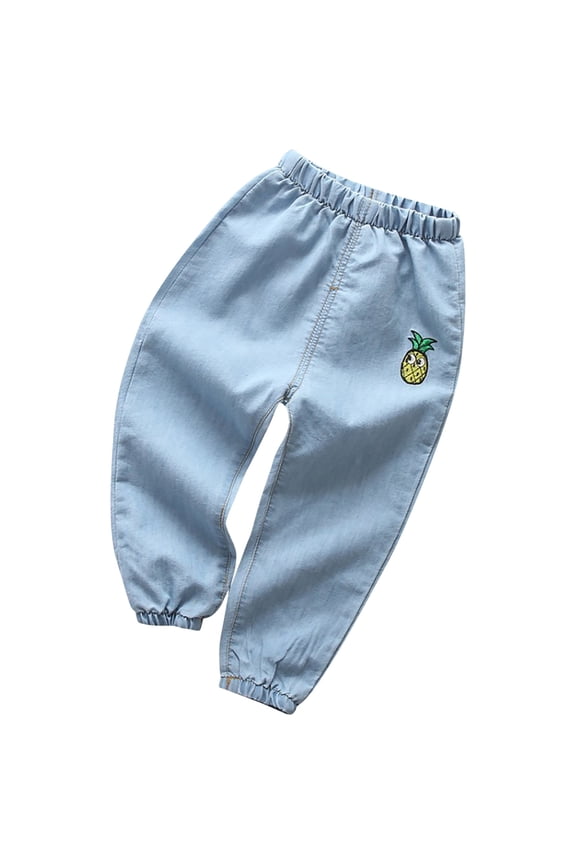 Kids Boys Girls Soft Loose Denim Pants Cartoon Printed Jogger Jeans Children's Casual Embroidered Printed Loose Leg Tied Denim Pants Light Blue