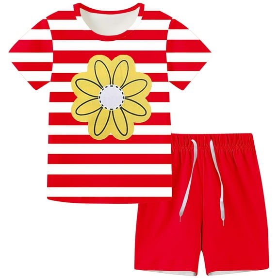 Odeerbi Kids Boys Girls Summer Outfits Set Cartoon Print Pajamas Cute Loungewear Children Casual Short Sleeve Tops Shorts with Drawstring Print Homewear Sports Two-piece Set Red