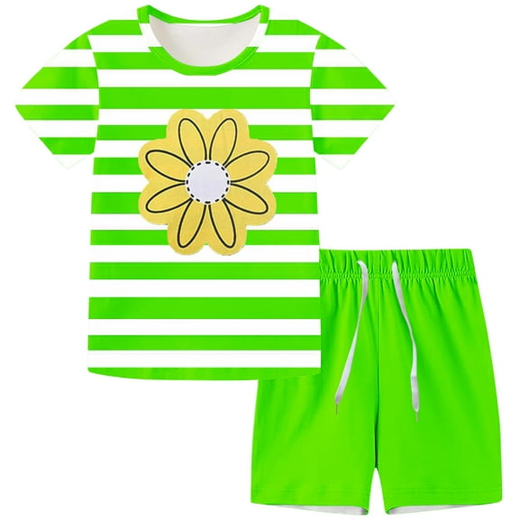 Odeerbi Kids Boys Girls Summer Outfits Set Cartoon Print Pajamas Cute Loungewear Children Casual Short Sleeve Tops Shorts with Drawstring Print Homewear Sports Two-piece Set Green