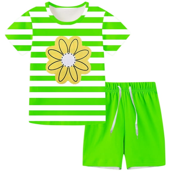 Odeerbi Kids Boys Girls Summer Outfits Set Cartoon Print Pajamas Cute Loungewear Children Casual Short Sleeve Tops Shorts with Drawstring Print Homewear Sports Two-piece Set Green