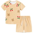 thumbnail image 1 of Odeerbi Kids Boys Girls Summer Outfits Set Cartoon Print Pajamas Cute Loungewear Children Casual Short Sleeve Tops Shorts with Drawstring Print Homewear Sports Two-piece Set Khaki, 1 of 6