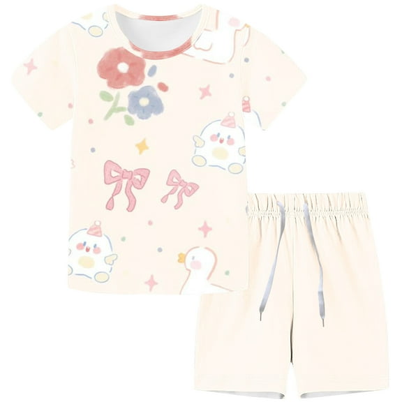 Odeerbi Kids Boys Girls Summer Outfits Set Cartoon Print Pajamas Cute Loungewear Children Casual Short Sleeve Tops Shorts with Drawstring Print Homewear Sports Two-piece Set White