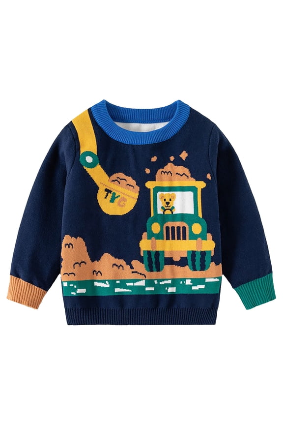 Kids Boys Girls Sweater Cute Winter Thermal Knit Crewneck Sweater 1-8 Years Children's Teddy Bear Earth Print Sweater Long Sleeve Top Kids Clothes Navy