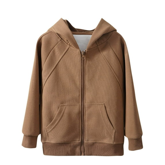 Odeerbi Kids Boys Girls Sweatshirt Full Zip Sports Jacket Children's Winter Warm Solid Color Long Sleeves Round Neck Coat Coffee