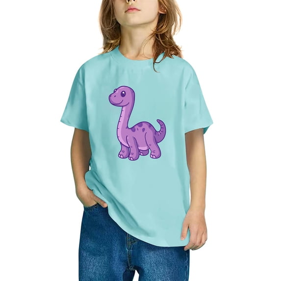 Odeerbi Kids Boys Girls T-shirt Dinosaur Print Short Sleeve Cotton Tee Tops Kids Fashion Cute Round Neck Cartoon Print Tees Light Blue