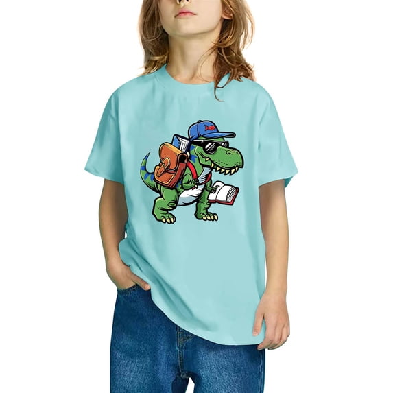 Odeerbi Kids Boys Girls T-shirt Dinosaur Print Short Sleeve Cotton Tee Tops Kids Fashion Cute Round Neck Cartoon Print Tees Light Blue