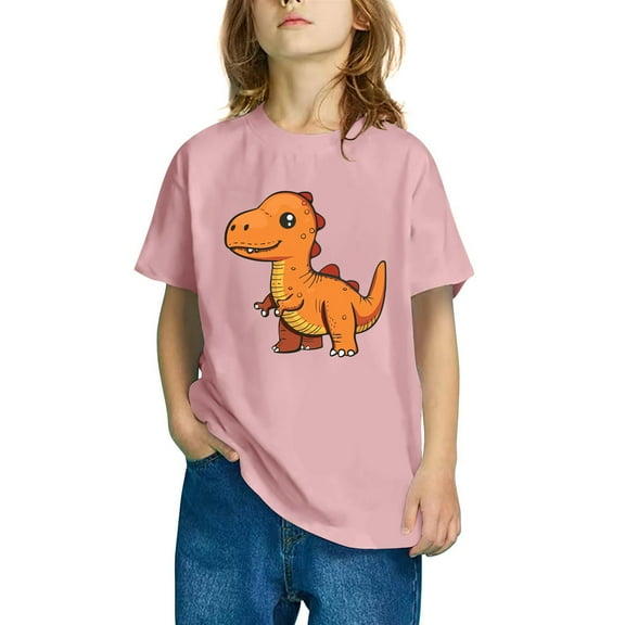 Odeerbi Kids Boys Girls T-shirt Dinosaur Print Short Sleeve Cotton Tee Tops Kids Fashion Cute Round Neck Cartoon Print Tees Pink