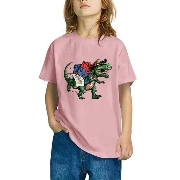 Odeerbi Kids Boys Girls T-shirt Dinosaur Print Short Sleeve Cotton Tee Tops Kids Fashion Cute Round Neck Cartoon Print Tees Pink