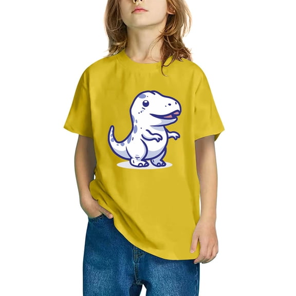 Odeerbi Kids Boys Girls T-shirt Dinosaur Print Short Sleeve Cotton Tee Tops Kids Fashion Cute Round Neck Cartoon Print Tees Yellow