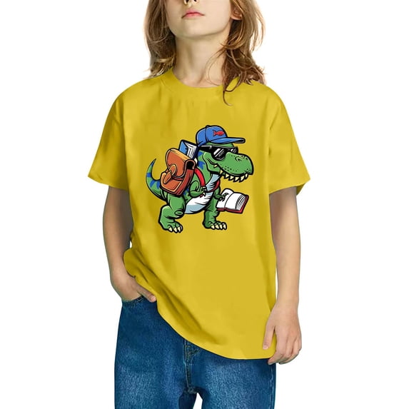 Odeerbi Kids Boys Girls T-shirt Dinosaur Print Short Sleeve Cotton Tee Tops Kids Fashion Cute Round Neck Cartoon Print Tees Yellow